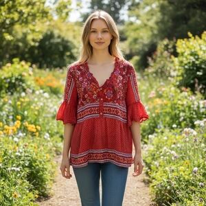 Time and Tru Red Floral Blouse